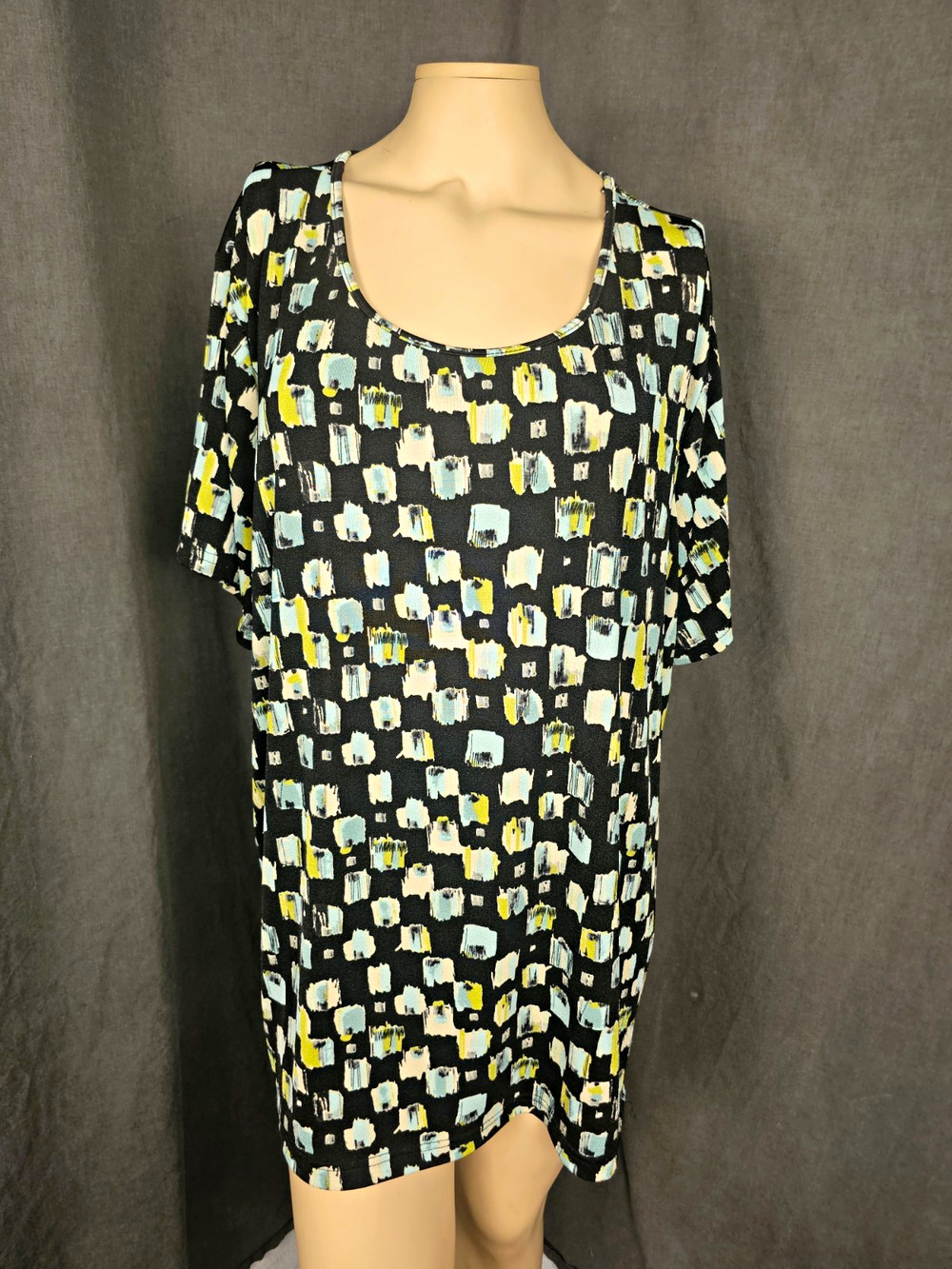 Retro Colorful Square Mosaic Print Top Soft Stretch Short Sleeve Tunic Shirt 2X